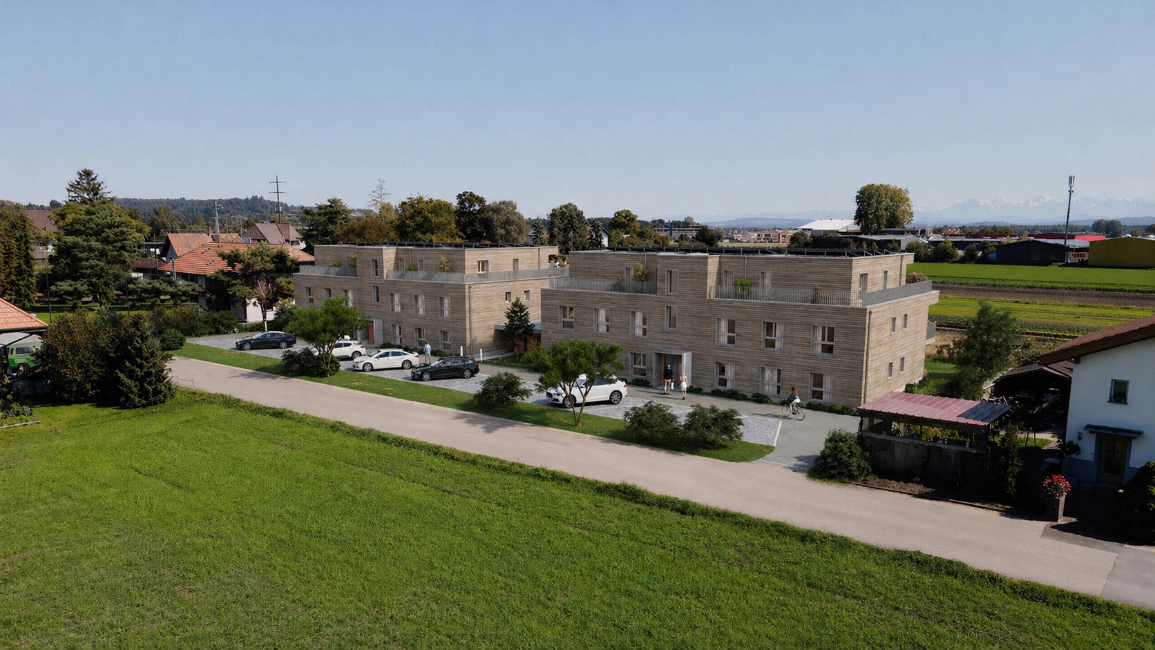 Vue extérieure — Façade et cour du projet Arboréa