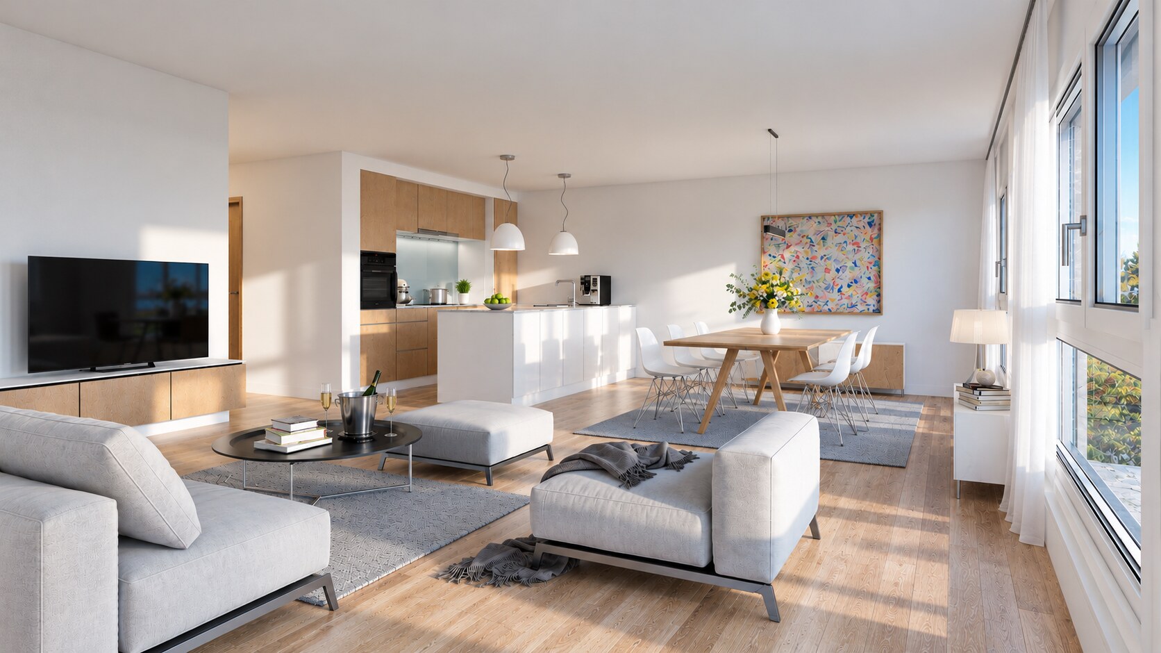 Intérieur ouest — Salon, cuisine et coin repas
