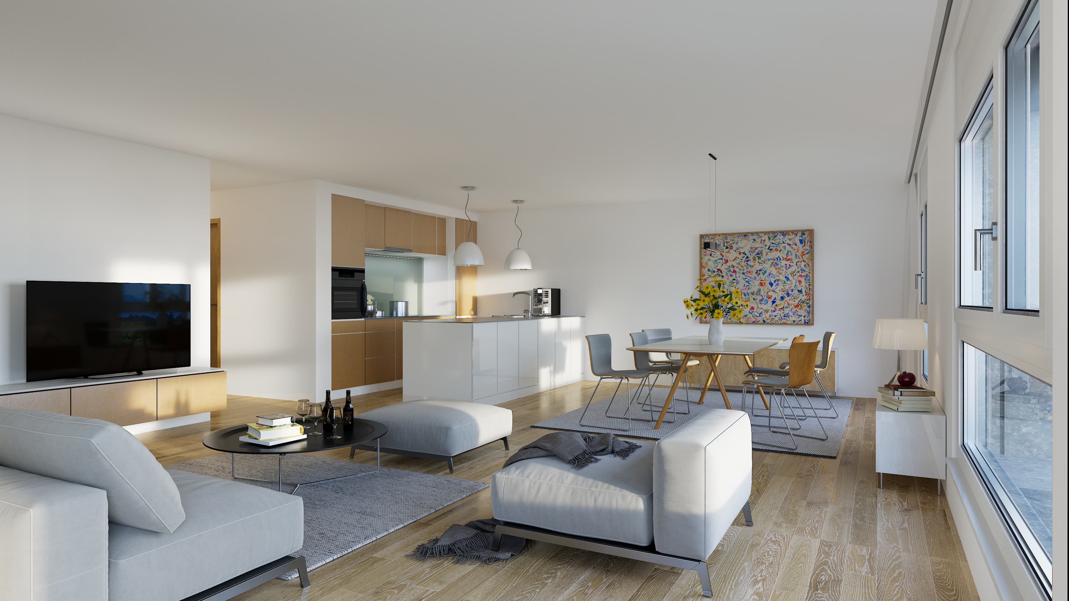 Intérieur ouest — Salon, cuisine et coin repas